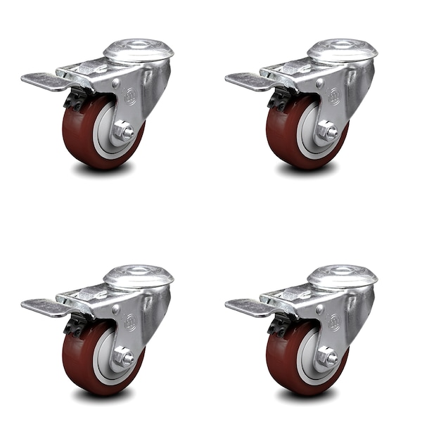 3.5 Inch Maroon Polyurethane Swivel Bolt Hole Caster Set with Total Lock Brake